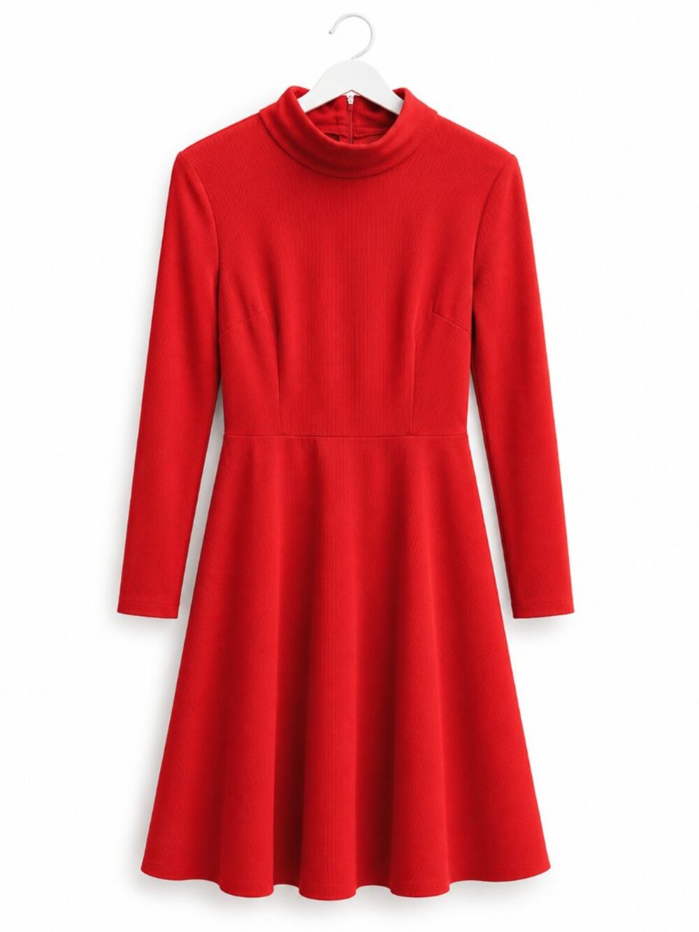 Elegant Red Mock Neck Long Sleeve Fit & Flare Midi Dress